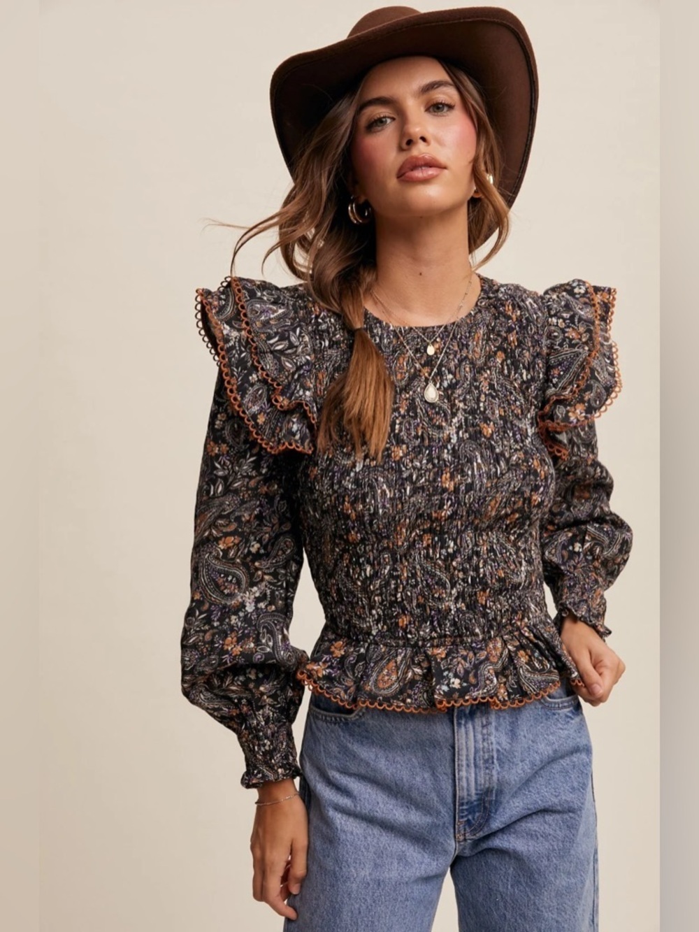 Three Bird Nest orange blue & cream paisley smocked flutter sleeve peplum #3087